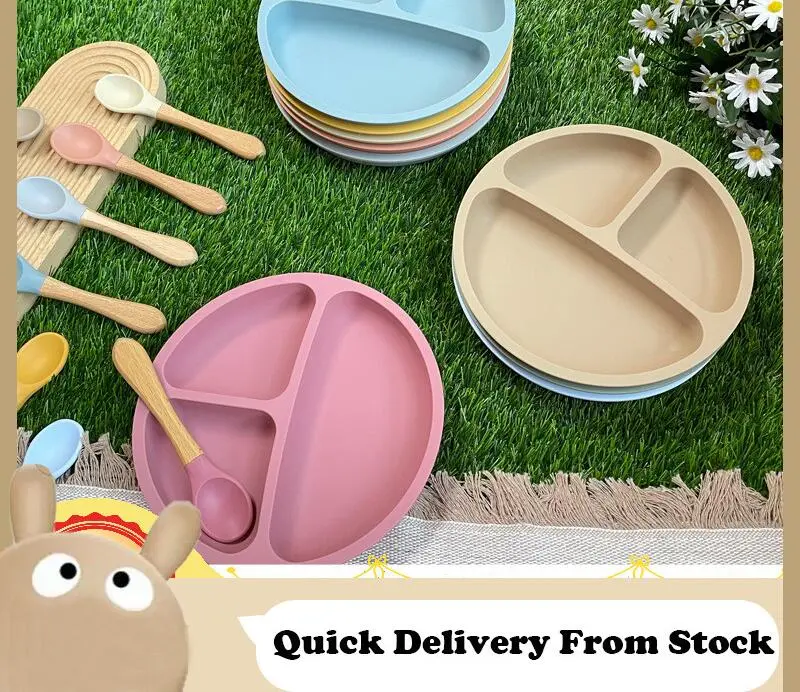 2Pcs Silicone Baby Divided Plate Bottom Suction Plate Spoon Wooden Handle Children Tableware Set BPA Free