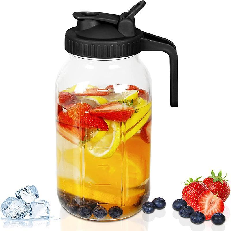 64oz Glass Mason Jar Pitcher With Pour Spout, 1 Count Cold Water Pitcher With Handle & Lid, Glass Jug For Cold Brew Coffee, Ice Beverage, Ice Juice, Lemonade 0