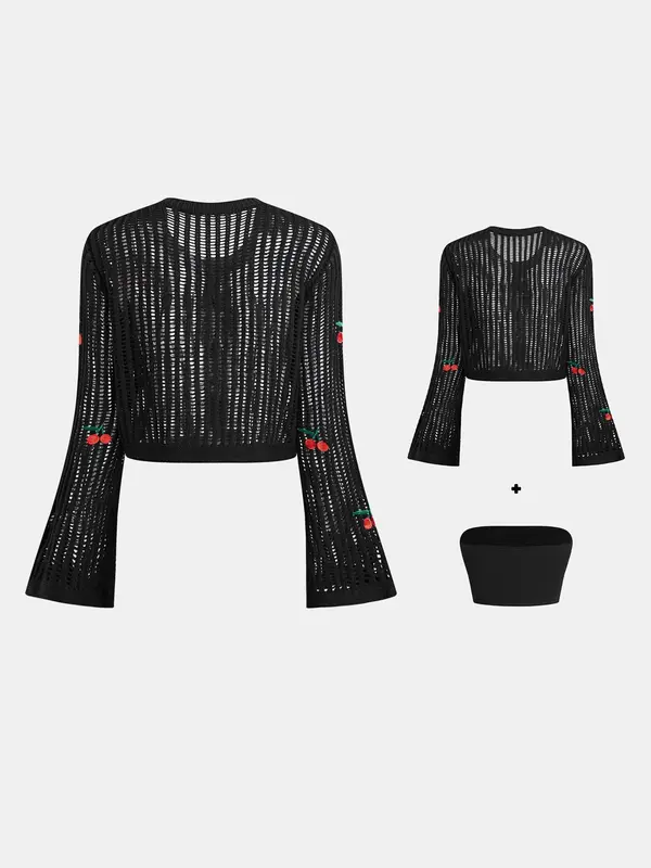 YOZY Boho Cherry Embroidery Cardigan & Basic Crop Tube Top/ Flounce Sleeve Button Front Knitwear & Sleeveless Tube Top, 2024 Women's Summer & Autumn Outfits for Daily Wear 5