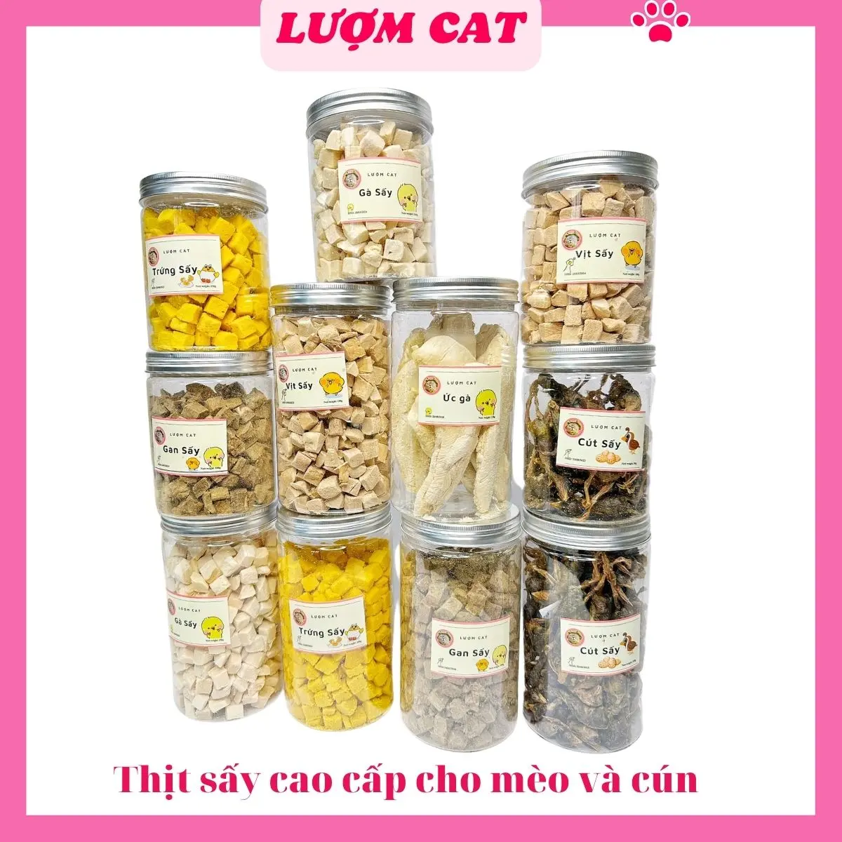 Thức ăn gà sấy, vịt sấy, Trứng sấy,  chim cút bánh cá hộp  cao cấp bổ sung dinh dưỡng cho mèo và cún Lượm Cat