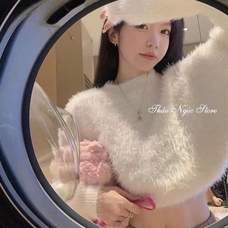 Áo len lông thỏ croptop tay dài ! (Thảo Ngọc Store) Nữ Women Kem Nhung