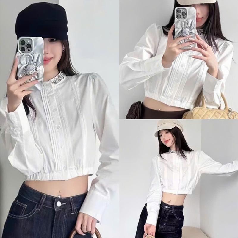  Sơ Mi Cổ Ngọc Đính Đá Dài Tay Bo Gấu - A500 Nữ Áo 