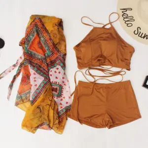 Swimsuit Baju Renang Wanita Three Piece dengan Rok Motif Tali Bisa Di Adjust  Premium 9018