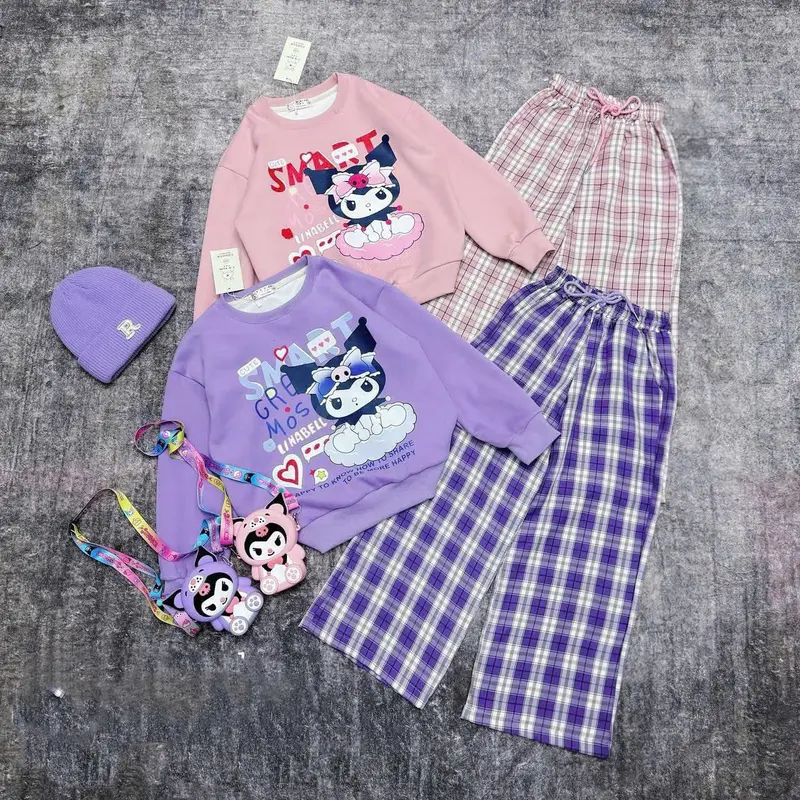 (MS17) SET BỘ NỈ DA CÁ IN HÌNH KUROMI, ÁO + QUẦN ỐNG XUÔNG KẺ CARO CHO BÉ GÁI DỄ THƯƠNG , SIZE 10-44 KG quần áo  cho bé gái 0