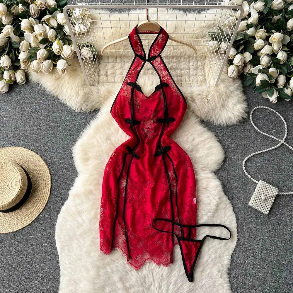 Váy Ngủ Xuyên thấu Phong Cách Trung Quốc Gợi Cảm, Sườn Xám Cổ Yếm Dành Cho Phụ Nữ, Váy Hở Lưng Ren, Với Quần Lọt Khe, Đồ Ngủ Khiêu Khích, Bộ 2 Chiếc, Sui