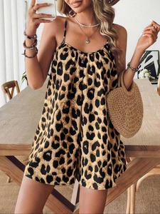 Mono camisola de estampado de leopardo para mujer, mono corto casual sin mangas con tirantes delgados para verano, ropa de moda para uso diario