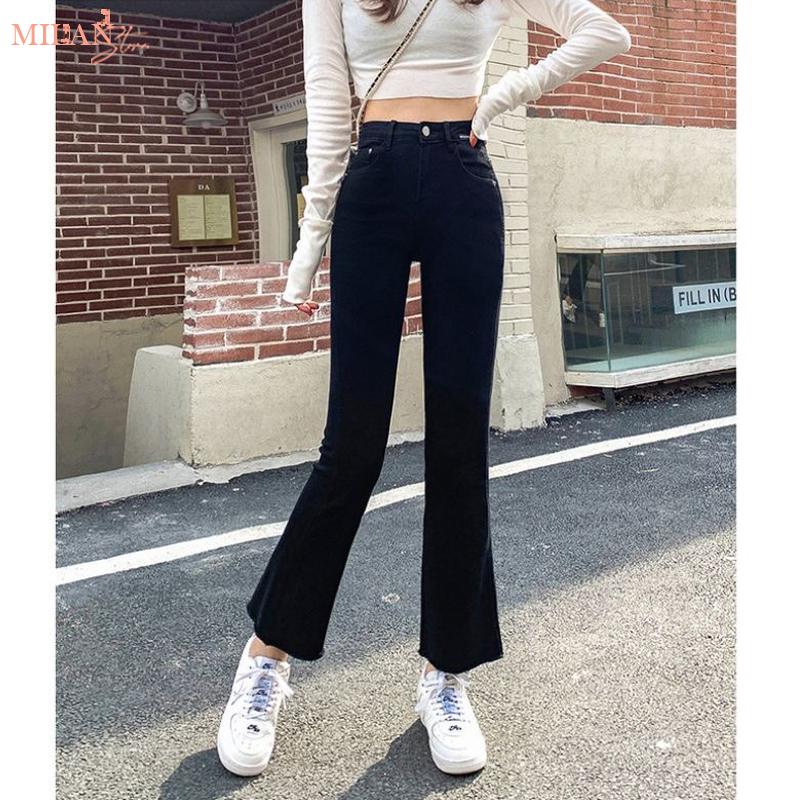 Quần ống loe Jean nữ cạp cao nữ tua gấu chất vải bò giấy co giãn nhẹ màu Đen Trơn vảy mặc đi học công sở