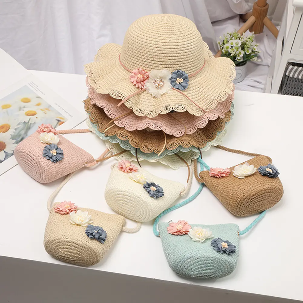 Topi Pantai Kanak-kanak Perempuan, LT, Besar dan Lebar, Tenunan Jerami Bunga, Perlindungan Matahari, Bola Pelindung Matahari Berwarna-warni, Topi Baldi Liut Musim Panas, Beg Tangan Mudah Alih, # 429521