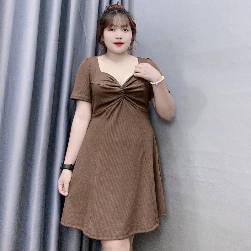 Đầm thời trang Bigsize tay ngắn liền thân cúp ngực cổ xoắn dáng xòe, Váy big size chất gân tăm co giãn sang trọng trẻ trung G81 5