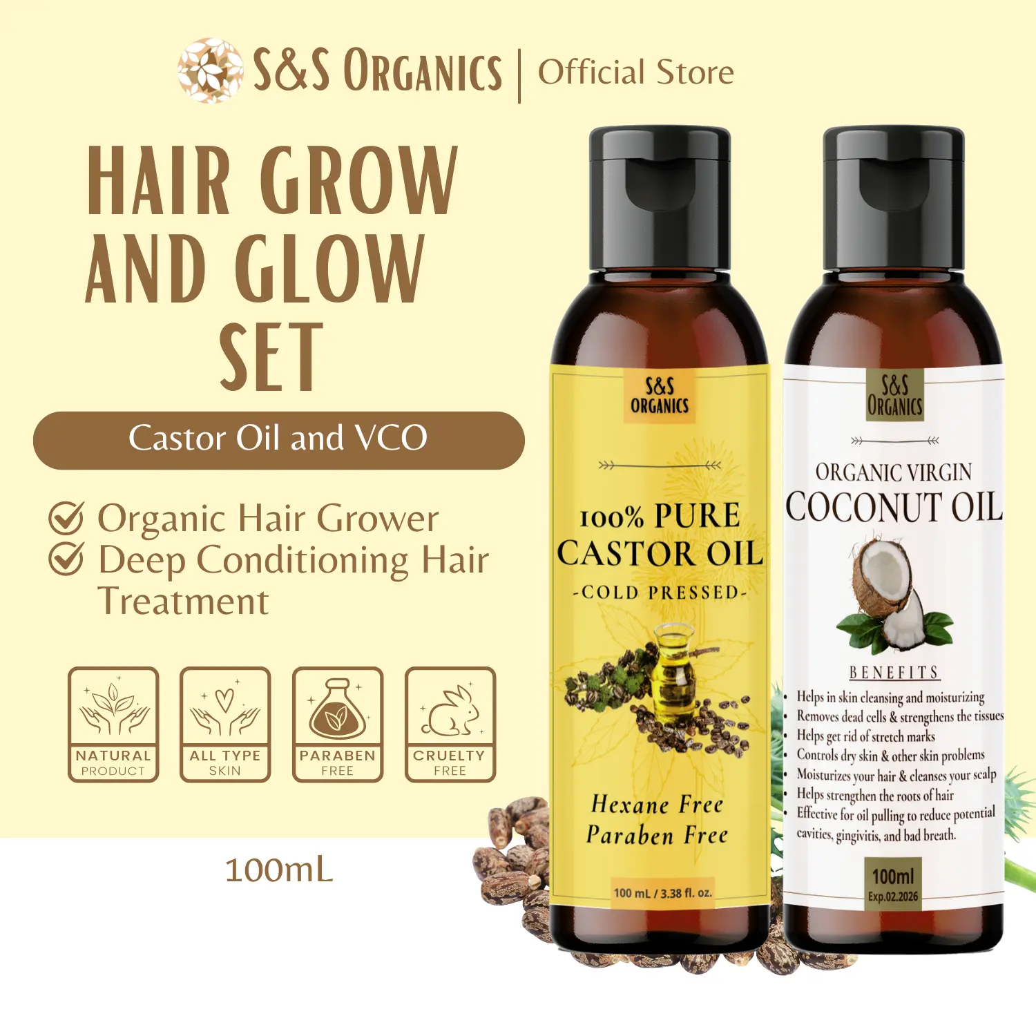 Hair Grow and Glow Set (Castor Oil and Virgin Coconut Oil) 100ml/50ml