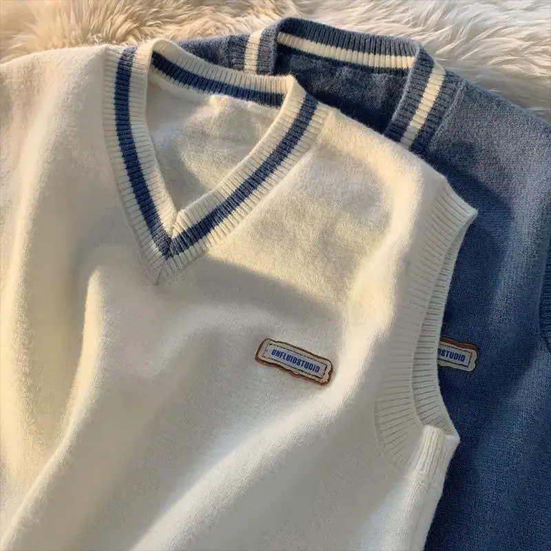 【S-3XL】Preppy Style V-Neck Sweater Vest Men Women Spring Street Wear Knitwear ins Hong Kong Trendy Sleeveless Knitted