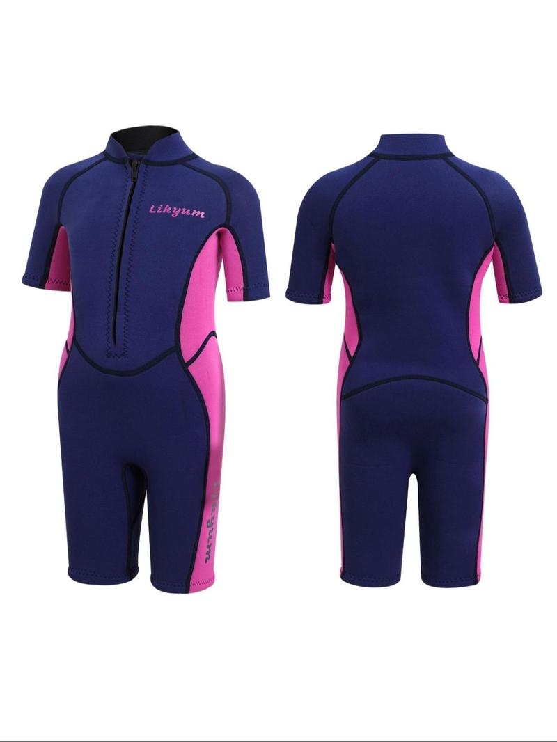 Product Introduction of Girl's Letter & Patchwork Print Professional Diving Swimsuit, Casual Half Zip Raglan Sleeve Swimwear, Professional Diving Suit for Outdoor Swimming 3