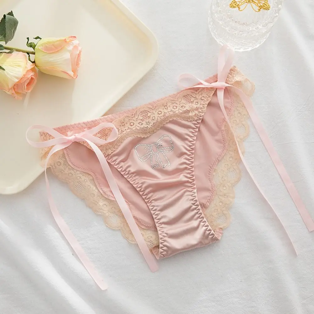 Sweet Ice Silk Lace Tie Panties Bowknot Seamless Satin Panties Female Lingerie Low Waist Lace Briefs for Women Daily
