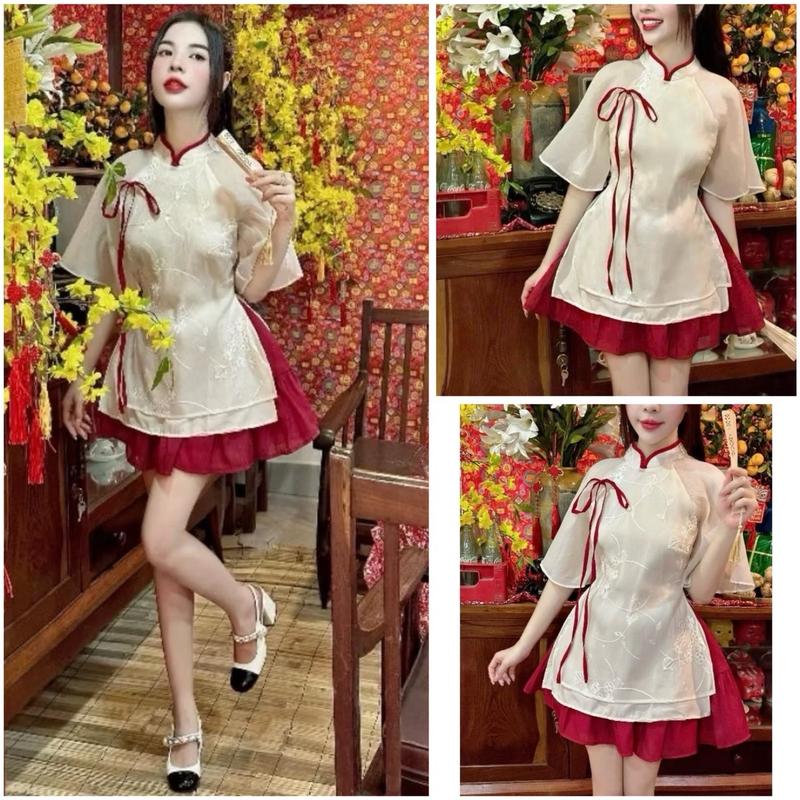 A12 Sét váy cách tân tơ mềm cổ trụ đính nơ mix chân váy xoè Women Nhung Nữ Áo dài cách tân nữ dáng ngắn Kho Sỉ Bảo Ngọc