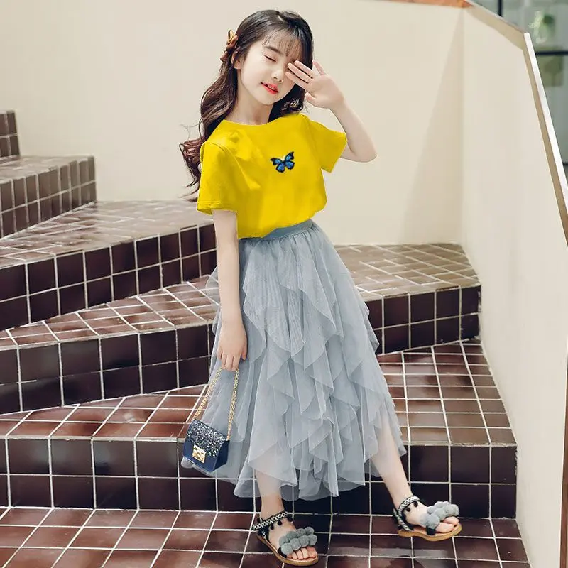 Váy phù hợp với bé gái, quần áo mùa hè hai mảnh, phong cách phương Tây mới, váy trẻ em, váy công chúa, siêu thanh lịch, vải tuyn Tutu, 2024