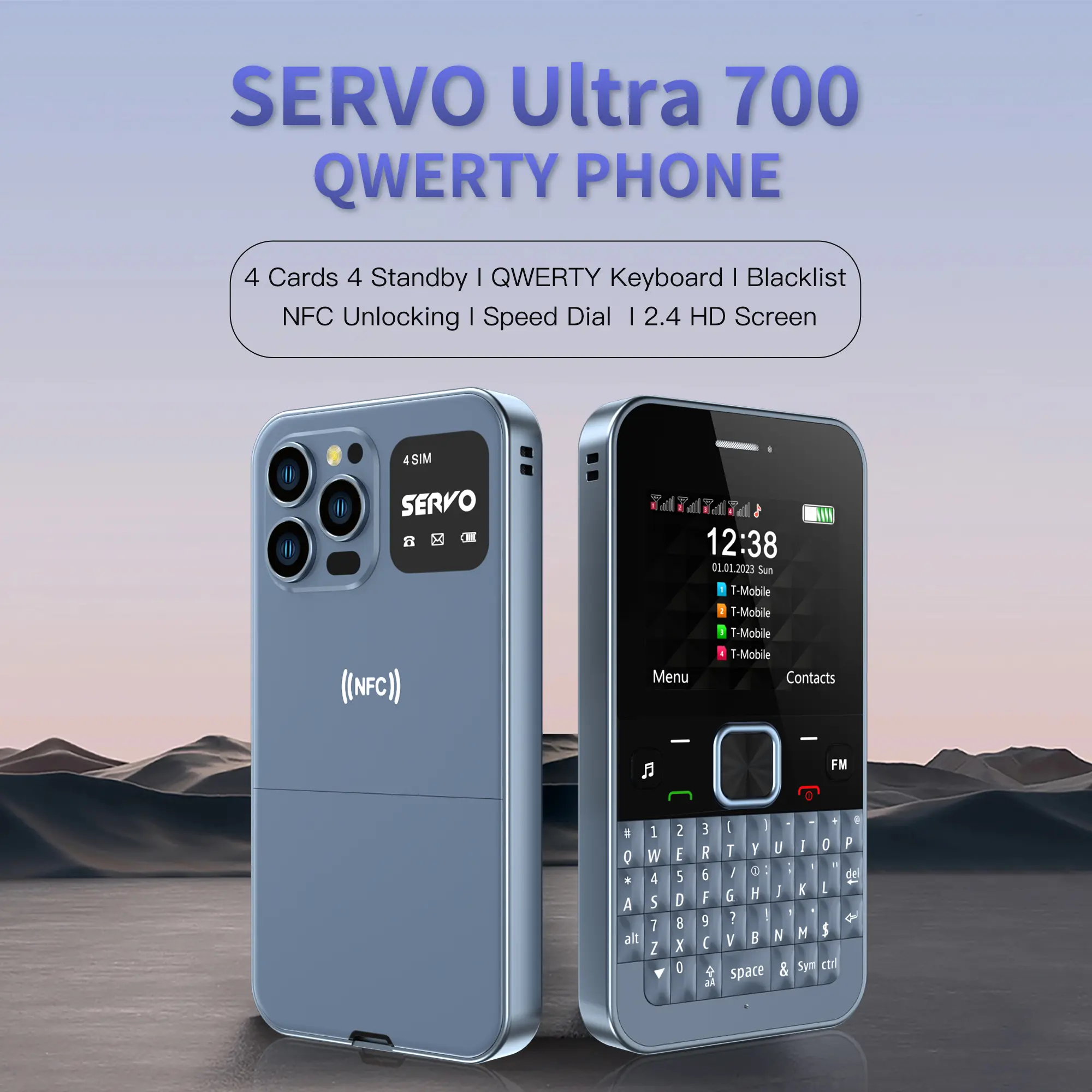 Điện Thoại Di Động, SERVO Ultra700, 4SIM Card, Bàn phím đầy đủ, Qwerty, NFC, Kiểm soát truy cập, Mặt số tốc độ, Màu đen, TYPE-C, GSM, Điện Thoại Di Động