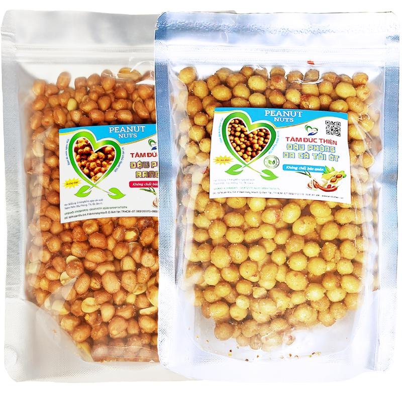 Combo 1KG 2 Vị Tự Chọn: Đậu Phộng Rang Tỏi Ớt và Đậu Phộng Da Cá Rang Tỏi Ớt Tâm Đức Thiện 2 Túi 500GR đồ ăn vặt Snack Nuts Food Cay