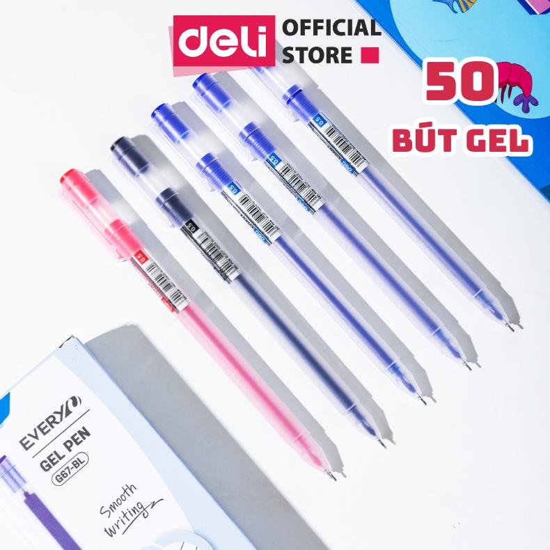 Bút gel bi nước 0.5mm Deli - Combo 10 20 50 - Mực xanh đen đỏ - Viết trơn tru quai cài bút tiện lợi EG67