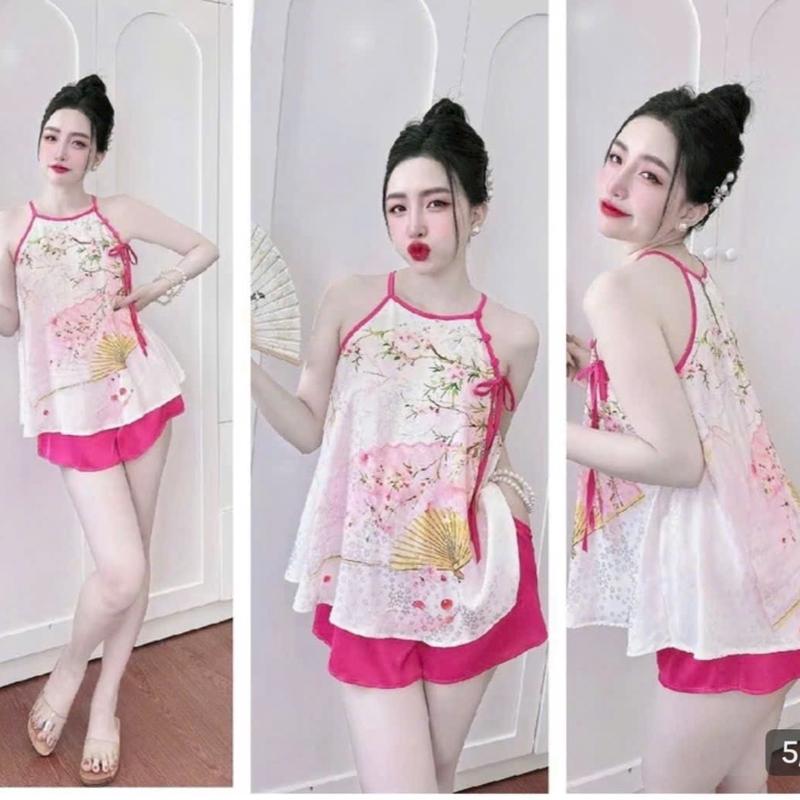 Sét bộ yếm hoạ tiết chất lụa gấm áo+quần có túi women form 40-60kg 7