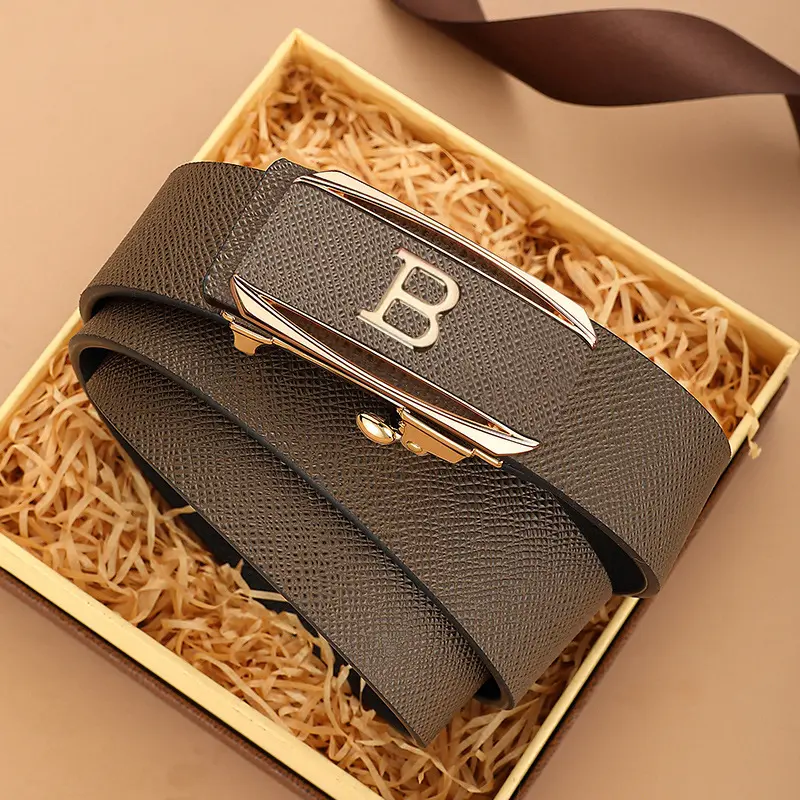 ‌Modern Ratchet Belt for Men - Automatic Inner Slide Buckle Genuine Leather, Adjustable Business Casual to Formal Strap for Young Professionals