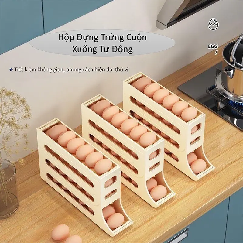 Khay Trứng 4 Tầng Lăn Tự Động - Khay Đựng Trứng Tủ Lạnh Thông Minh Tự Lăn 3