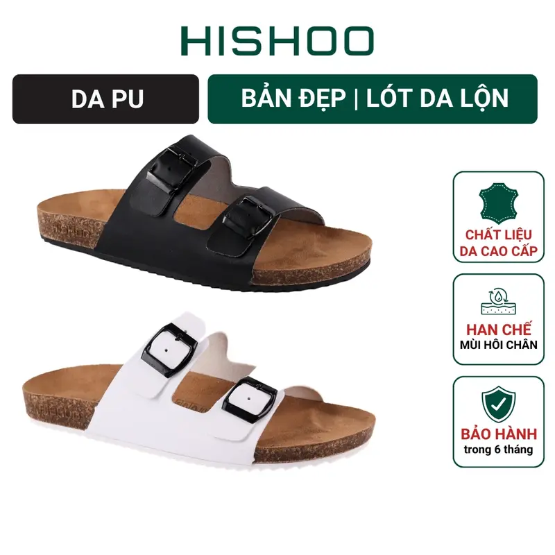 Dép đế trấu birken nam nữ unisex 2 khóa da PU tổng hợp lót da lộn size 35-43 chính hãng Hishoo S093 0