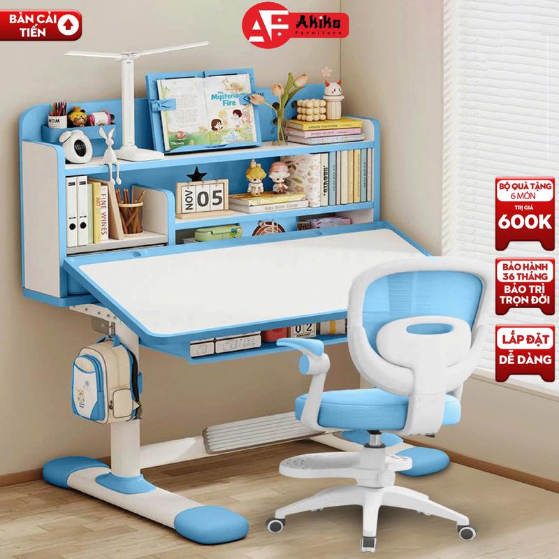 Bàn học trẻ em E06 AKIKO Có kệ sách mới cho bé Nâng cấp ghế xoay 360 độ có bánh xe Nâng hạ linh hoạt