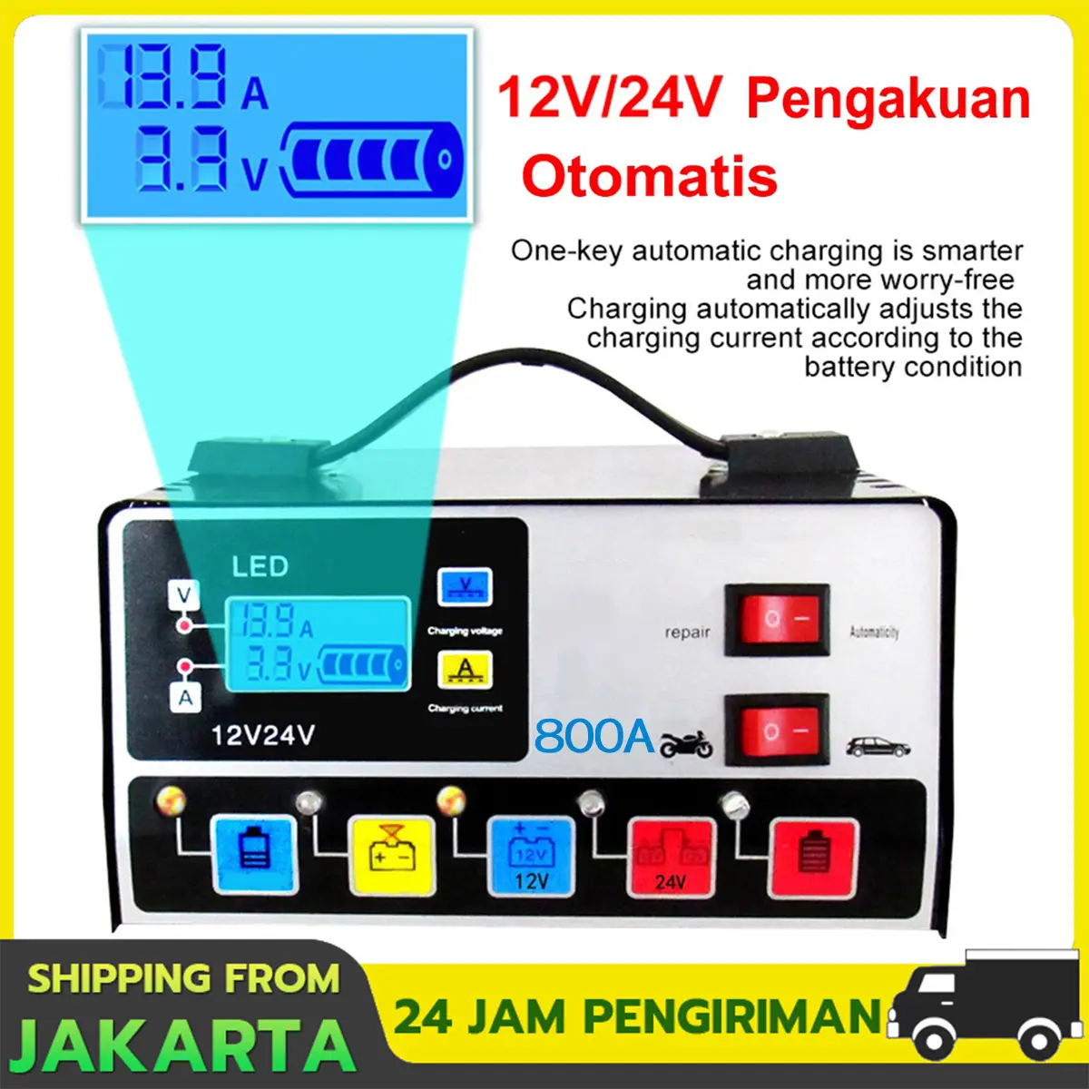 Monqiqi Charger Aki Motor Dan Mobil Otomatis Accu Kering Dan Basah Lead Acid Battery Charger Auto Cut Off 12V/24V 1-600A LCD Charger Portable 180W EU Plug