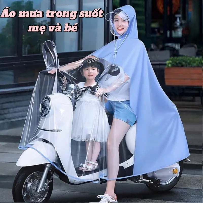 Áo mưa mẹ và bé có bọc gương AM04, nửa trước trong suốt  che phủ toàn thân, kèm kính chắn mưa cỡ 5XL 0