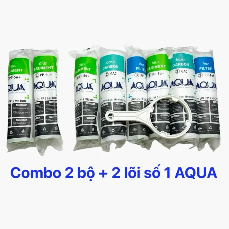Bộ 8 lõi lọc AQUA  lõi số 1 = 4 , lõi số 2 = 2 , lõi số 3 = 2 lắp cho các loại máy có cốc lọc thô 10inch tặng kèm tay công tháo cốc lọc 1,2,3 Bộ lọc nước thay thế cho máy lọc nước RO sản suất tại VIỆT NAM