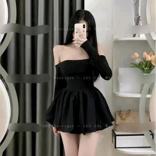 đầm trễ vai tay dài from xòe kèm quần siêu xinh hoa váy tiệc Kem Dress Voan Nữ 1