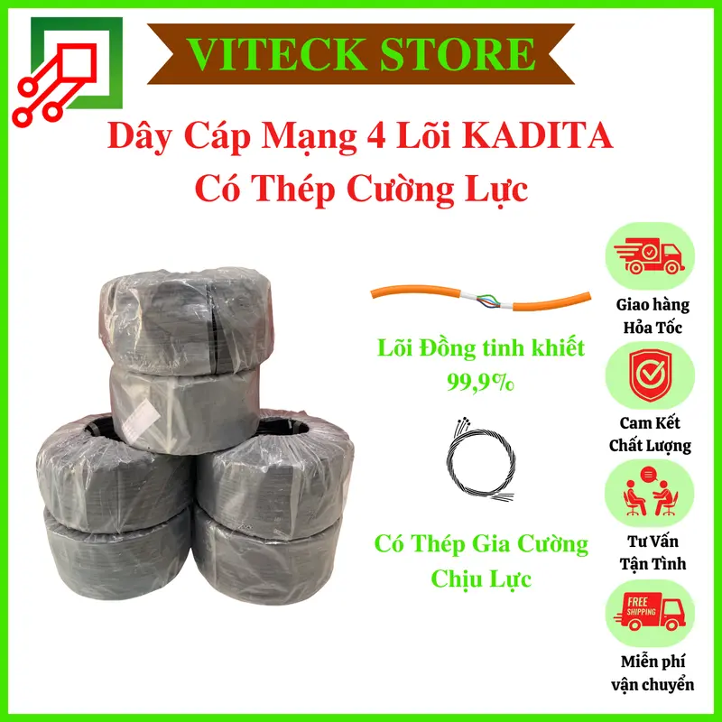 Dây Cáp Mạng KADITA 4 Lõi Ngoài trời Có Thép Cường Lực + Vỏ Nhựa Mềm Siêu Bền  ( Cuộn 300m ) - Lõi Đồng Nguyên Chất  Chuyên Dụng Kéo Ngoài Trời - Chính hãng. 0
