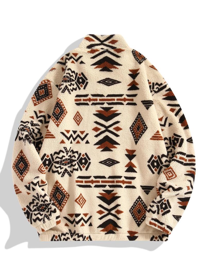 Product Introduction of Women's Geometric Print Fuzzy Drop Shoulder Half Zip Up Sweatshirt, Boho Casual Long Sleeve Pocket Pullover for Fall & Winter, Women's Clothes for Daily Wear 2
