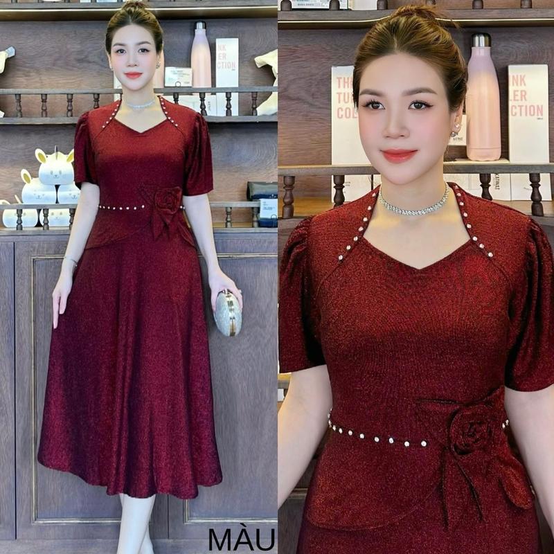 Đầm Đi Tiệc Mã VH732 Dáng Lững Cổ Nữ Hoàng Chất Nhũ Đính Ngọc Thủ Công Co Giãn có size từ 48kg đến 75kg cho Nữ - Women Dress Thun váy mặc xoè chân 0