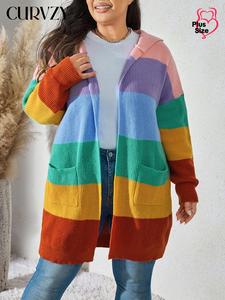 CURVZY Plus Size Colorblock Pocket Drop Shoulder Cardigan, Casual Long Sleeve Hooded Knitwear for Fall & Winter, Women's Clothing for Daily Wear