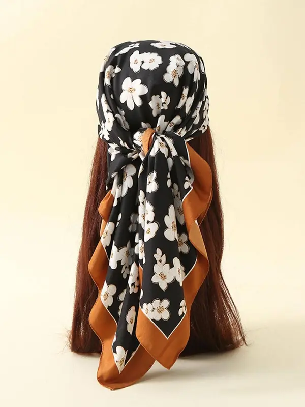 Floral Print Contrast Binding Scarf, Trendy Elegant Printed Bandana For Women For Daily Life, Versatile Scarf For Daily Wear, Windproof Sunscreen Headscarf Head Wrap 0