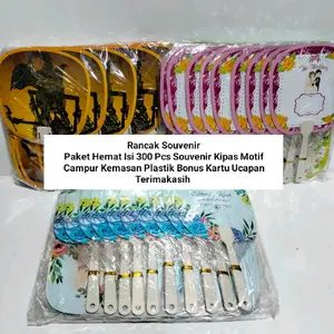Paket Hemat Isi 300 Pcs Souvenir Kipas Motif Campur Kemasan Plastik Bonus Kartu Ucapan Terimakasih Souvenir Pernikahan