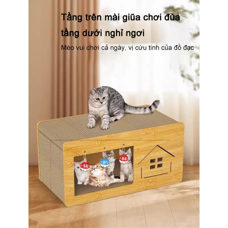 Cào Móng Mèo Kết Hợp Nhà Mèo 2in1, Đồ Chơi Mèo Kleen Cat Kích Thước Lớn Tặng Kèm Cỏ Mèo 6