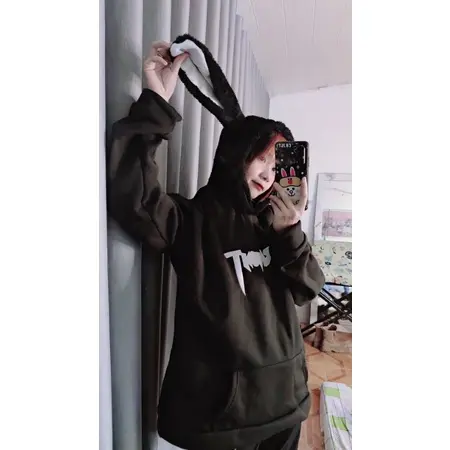 HD4 Áo hoodie nỉ bông tai thỏ dài siêu to khổng lồ chữ ngực thêu đáng yêu, mũ lông mềm unisex nam nữ 6