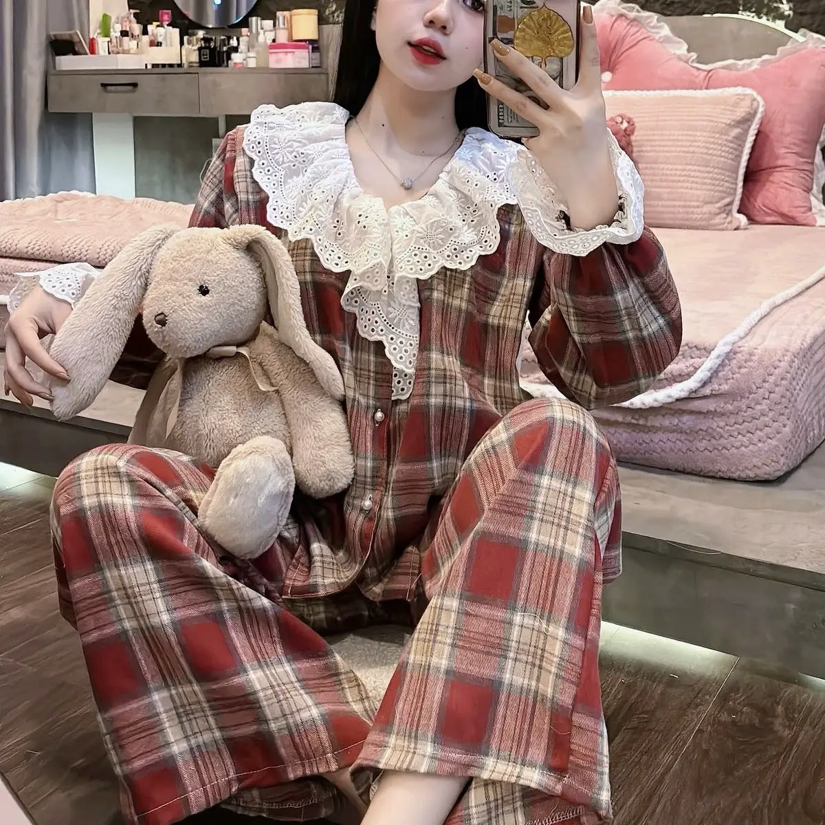 Bộ ngủ pijama chất dạ kẻ siêu sang phối ren thô boi xịn sò (freesize 40-60kg) - Nữ - Women Quần Ngủ Áo Ngủ