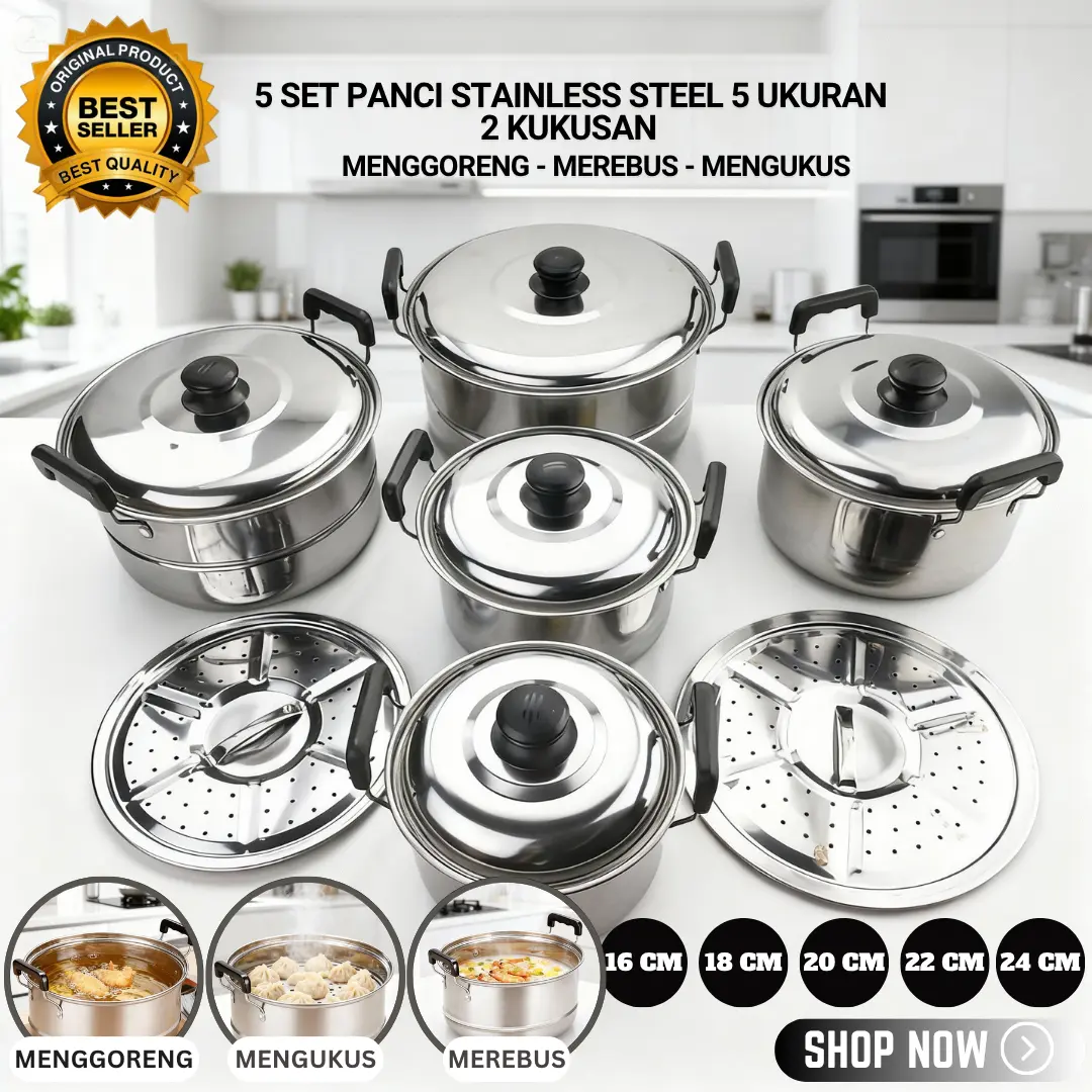 [KHUSUS LIVE] Panci 5 Set + Tutup Sainless 5 Set + 2 Pcs Saringan ORIGINAL Masak Peralatan Stainless Steel MENGGORENG, MENGUKUS, MEREBUS