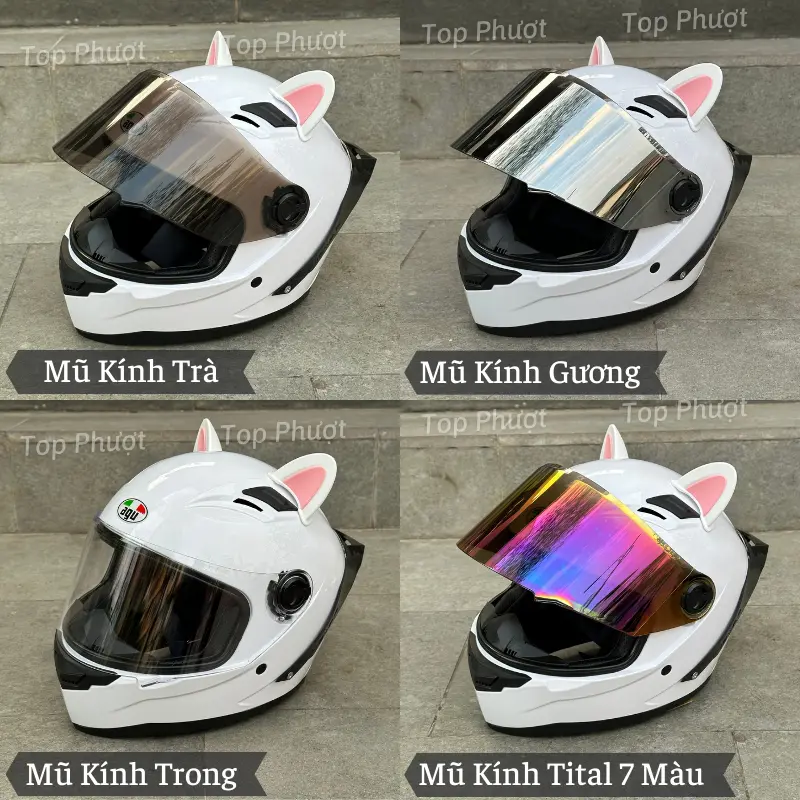 Mũ bảo hiểm Fullface Agu trắng bóng tặng tai mèo, gắn sẵn đuôi gió - Nón chính hãng thương hiệu AGU 2
