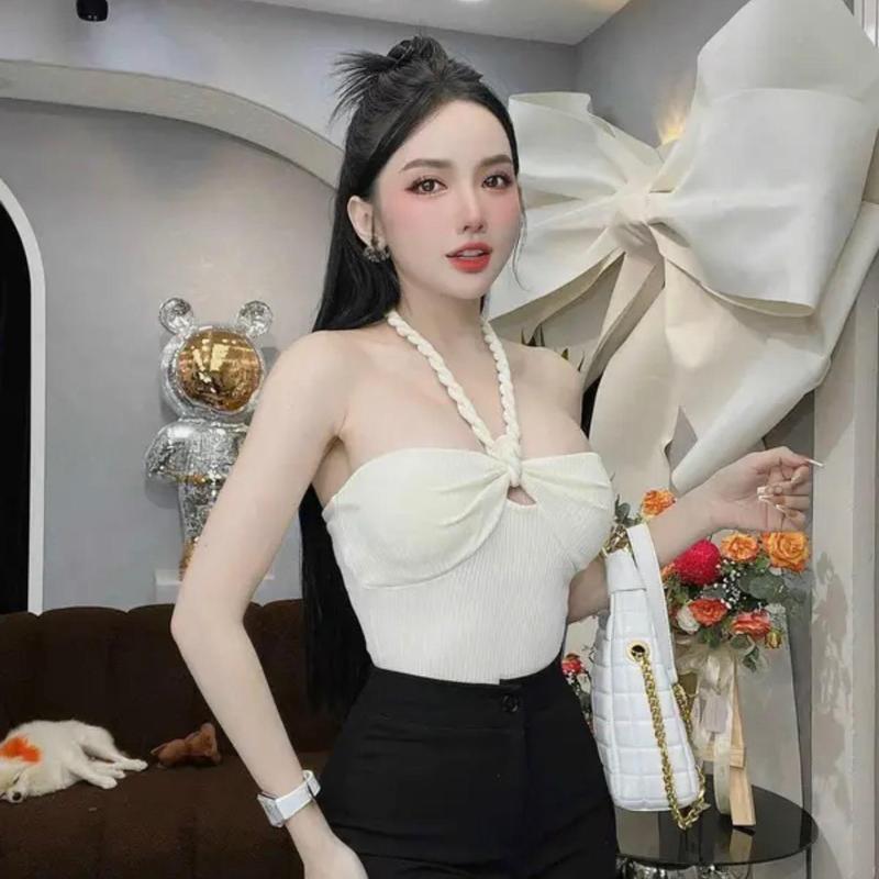  Áo ống cột dây nơ cổ vải gân giãn 4 chiều 