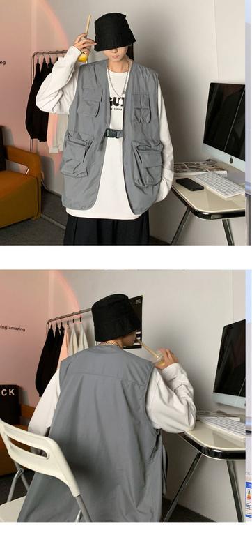 Product Introduction of Spring and Autumn Ins Mechanical Style Work Vest Vest Man Loose Hong Kong Style Fashion Brand All-Matching Multi-Pocket Sleeveless Jacket 12