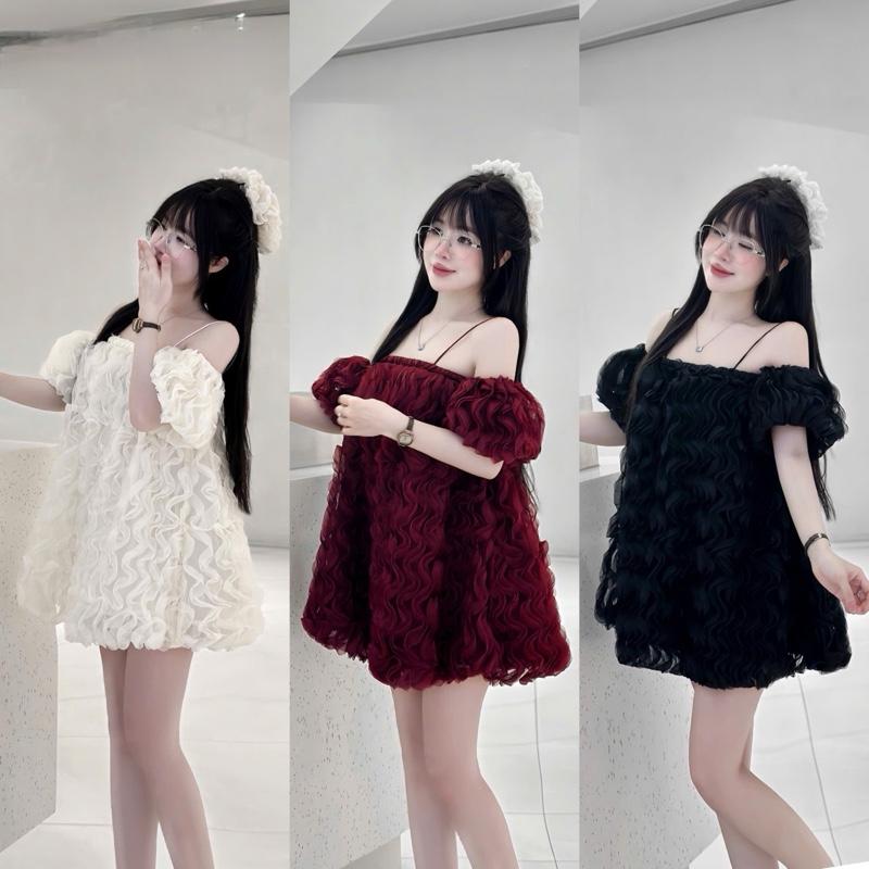 Váy Babydoll Trễ Vai Lưới Sóng Bồng Bềnh Nữ Tính Tôn Dáng từ 40-57kg