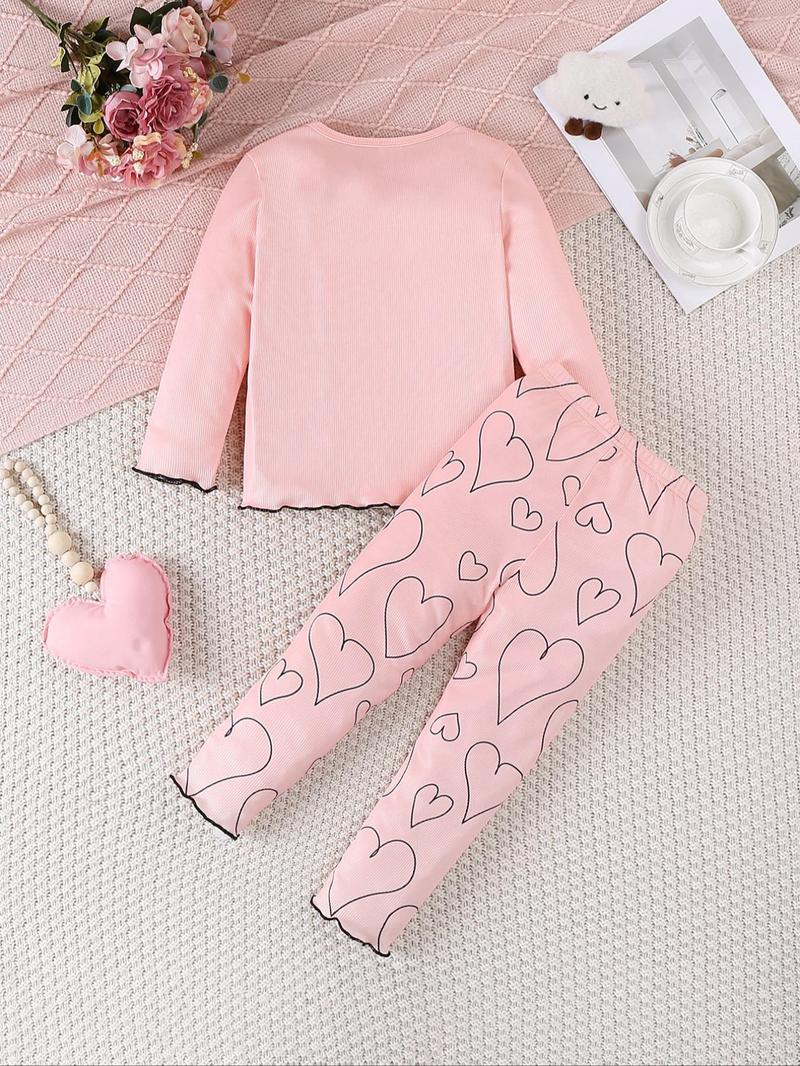 Product Introduction of Toddler Girl's Contrast Binding Lettuce Trim Tee & Pants Two-piece Set, Cute Casual Cartoon Cloud Print Long Sleeve Top & Heart Print Elastic Waist Trousers for Spring & Fall, Kids Clothes for Daily Wear 7