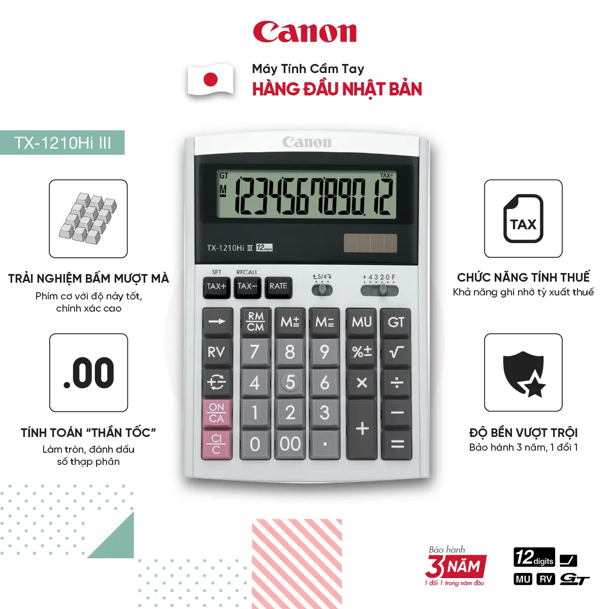 Máy Tính Chính Hãng Canon TX-1210HI III - Bàn Phím Nảy Vượt Trội Mô Phỏng Bàn Phím Cơ Máy Tính - Độ Bền Cao - 2 Nguồn Pin  calculator digital