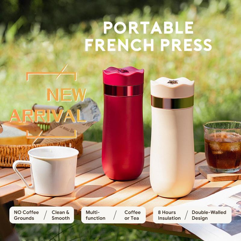 Portable French Press, 1 Count Stainless Steel Coffee Maker, Travel Coffee Maker, Cold Brew Coffee Maker for Home Camping Travel Office 2