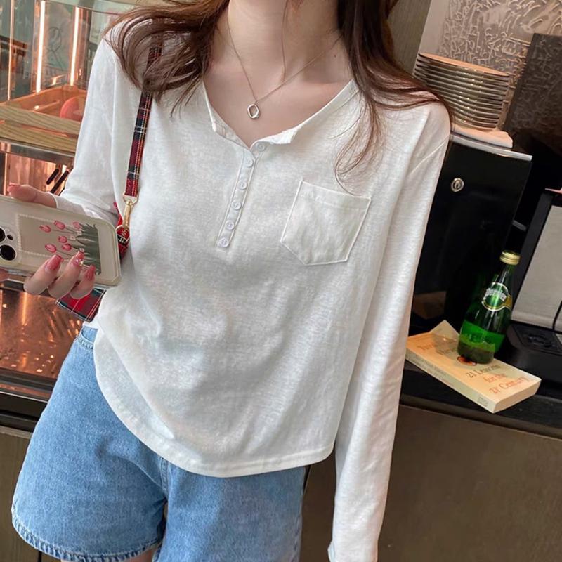 Áo thun nữ phối TÚI dài tay, lai bầu, xẻ trụ nút chất xược ANHSTORE, tay dài nữ kiểu phom lửng phối nút vạt bầu pastel - Women, Top Nhung Nhung Dâu