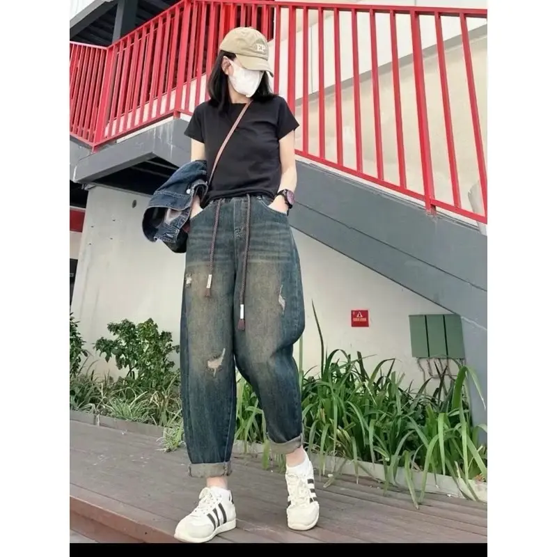 Quần jeans nữ dáng baggy cạp chun lưng cao có dây rút Biggsize